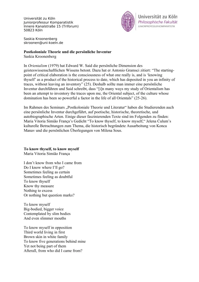 Preview of Postkoloniale Theorie und die persönliche Inventur